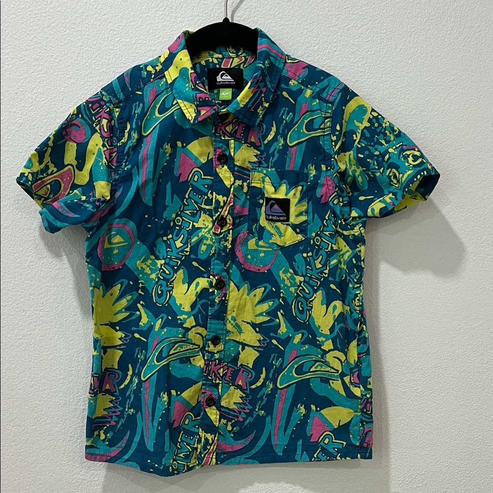 Quicksilver Boys Splat Short Sleeve Button Down Collared Shirt Sz 7